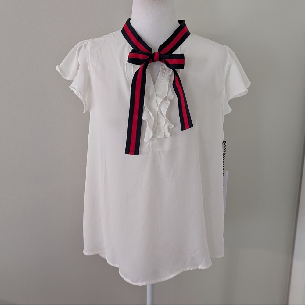 Story‎ On Womens Nautical Top LARGE Preppy Coastal Boating Sailor Bow Ruffle